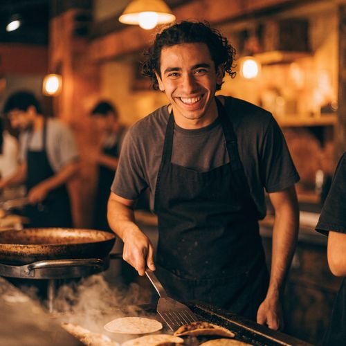 Smiling line cook at the grill at Arturo's