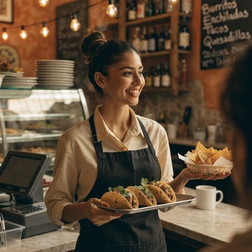 Friendly server holding a tray of tacos