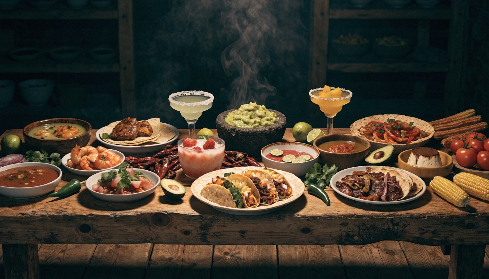 A spread of Arturo’s Mexican dishes and margaritas on a rustic table